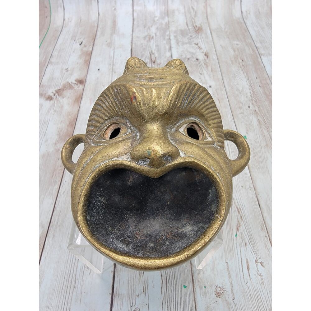 Antique Grotesque Bronze Monkey Mask Lamp Ashtray Or Trinket Holder Stamped